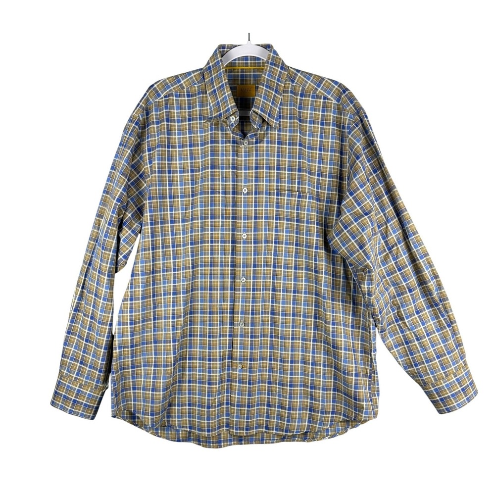 Robert Talbott Carmel Mens L Shirt Blue Plaid Cotton Long Sleeve Button Up